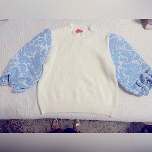 THML White and Blue Sweater with Puffy Jacquard Sleeves
